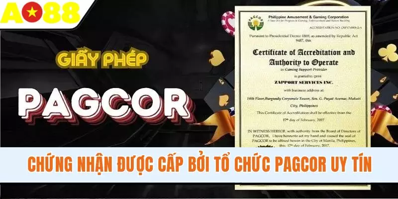 Chứng nhận được cấp bởi tổ chức PAGCOR uy tín
